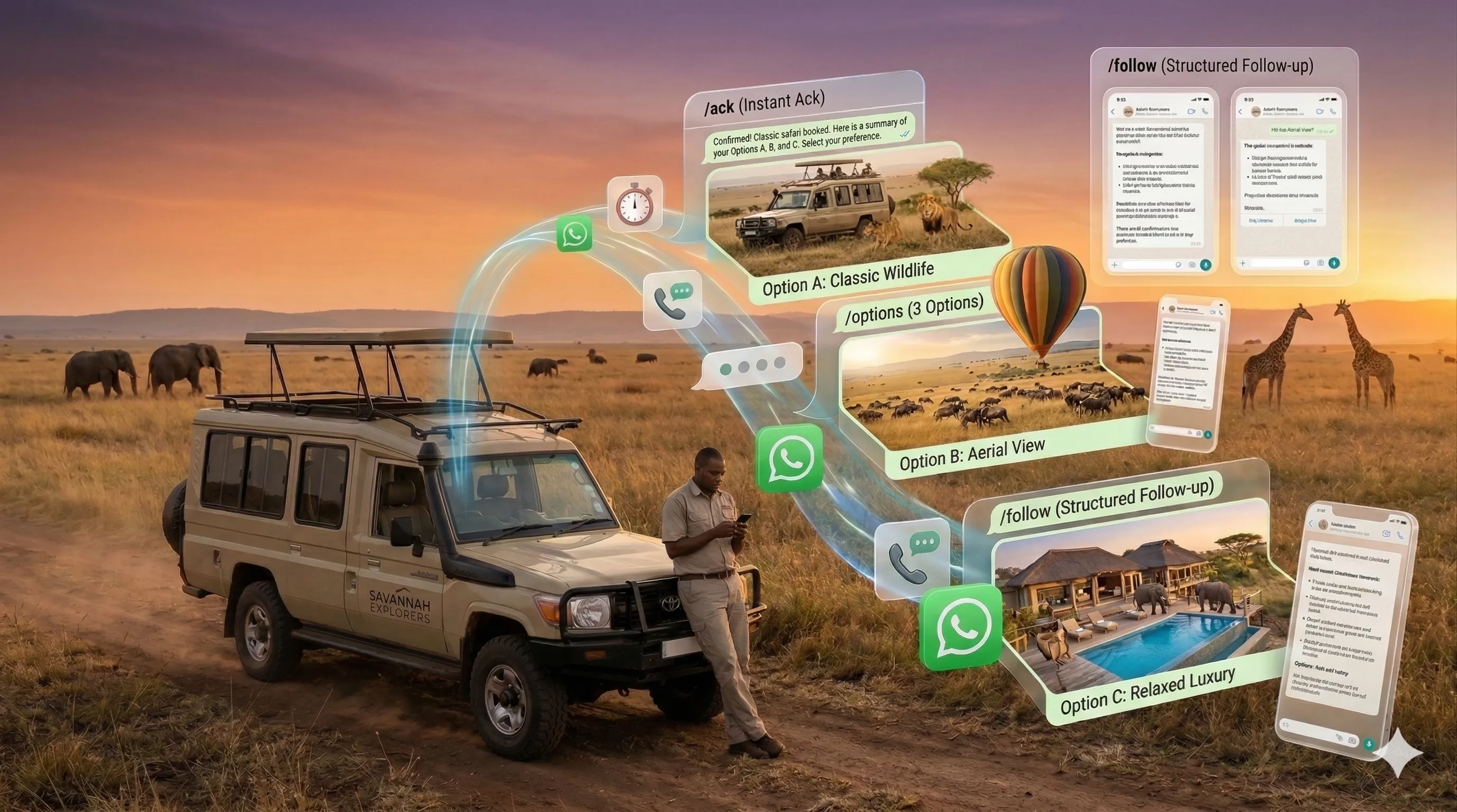 Safari guide using a smartphone to manage WhatsApp booking inquiries with automated templates.