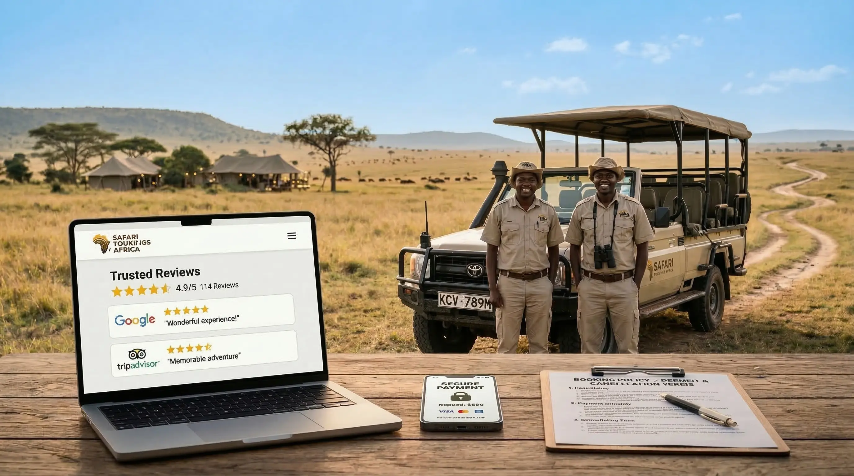 Una vista panorámica de la sabana africana al atardecer, con dos guías de safari sonrientes junto a un Land Cruiser, frente a un campamento de lujo de tiendas.