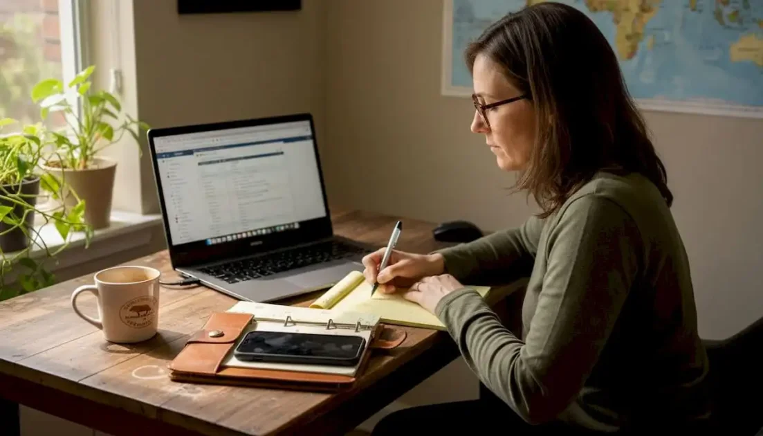 Femme assise à un bureau, prenant des notes.