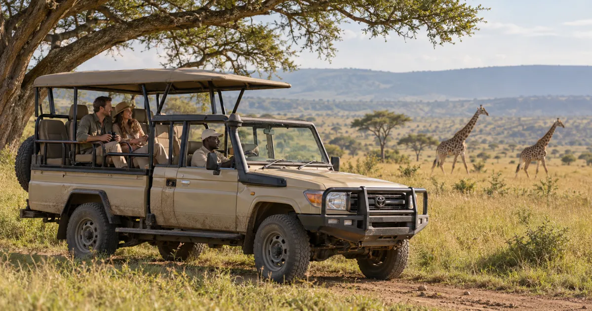 Pareja disfrutando de un safari privado en vehículo con su guía mientras unas jirafas cruzan la sabana africana iluminada por el sol.