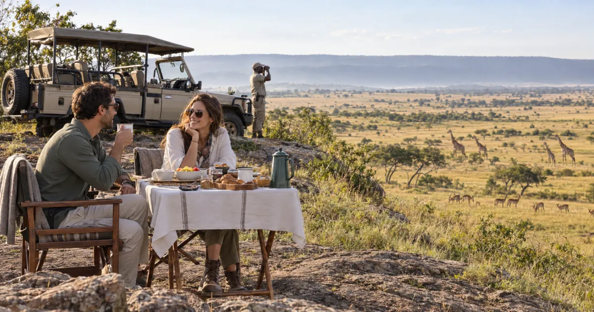Pareja de luna de miel compartiendo un desayuno privado en la sabana con vistas al Maasai Mara, mientras su guía de safari observa la fauna a lo lejos.