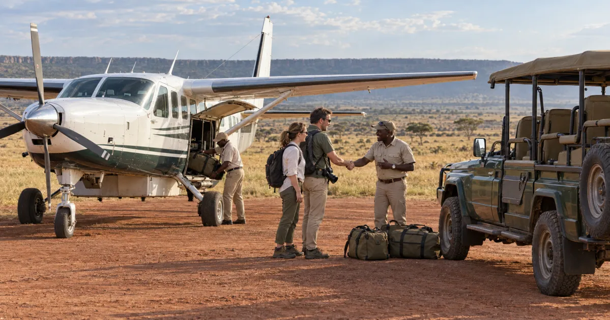 Viajeros estadounidenses se reúnen con su guía keniano junto a una avioneta y un vehículo de safari en espera en una pista de aterrizaje de Maasai Mara.