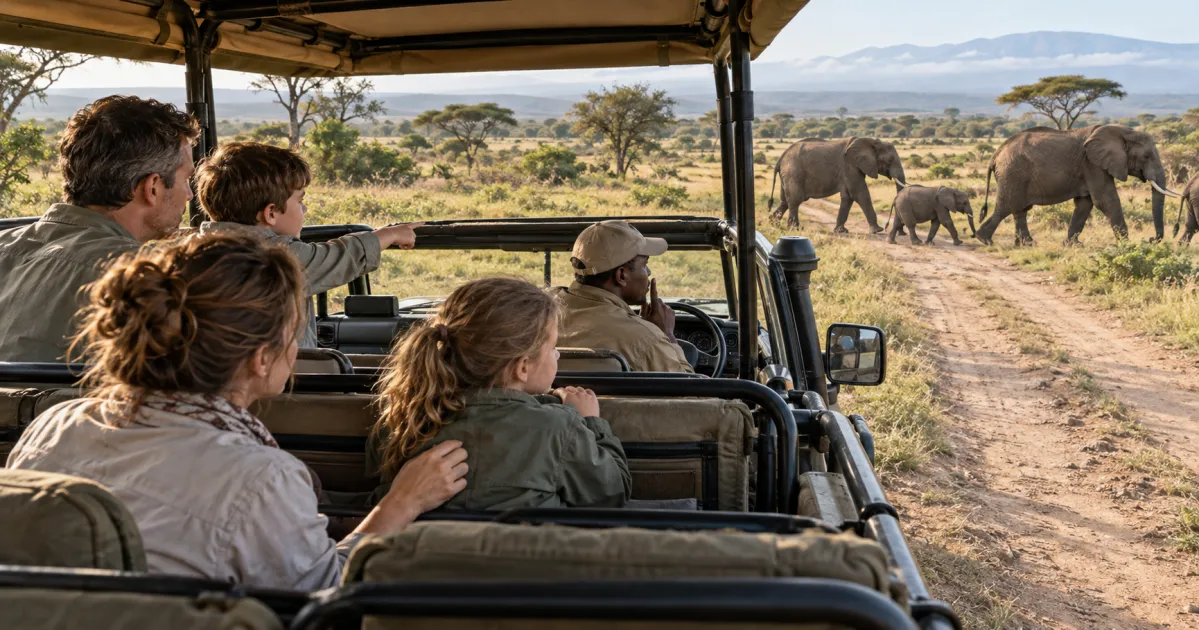 Una familia observa en silencio desde un vehículo privado de safari mientras elefantes y una cría cruzan el camino por delante.
