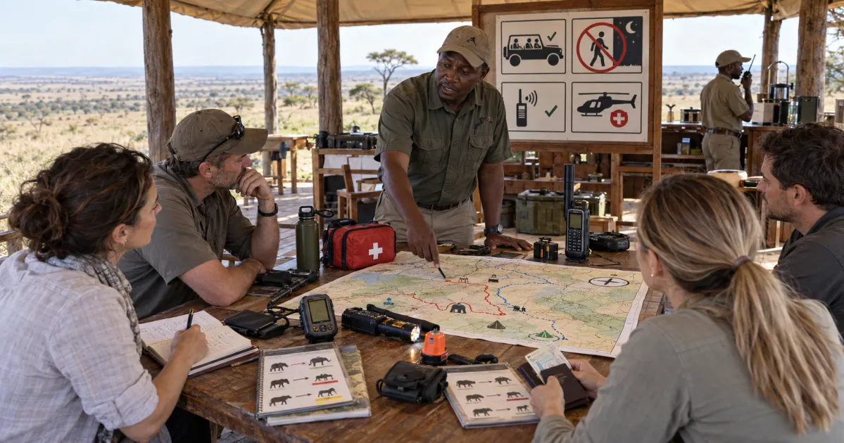 Un guía de safari dirige una charla informativa de seguridad en el campamento usando un mapa de ruta, radios, suministros de primeros auxilios y diagramas de procedimientos de emergencia.