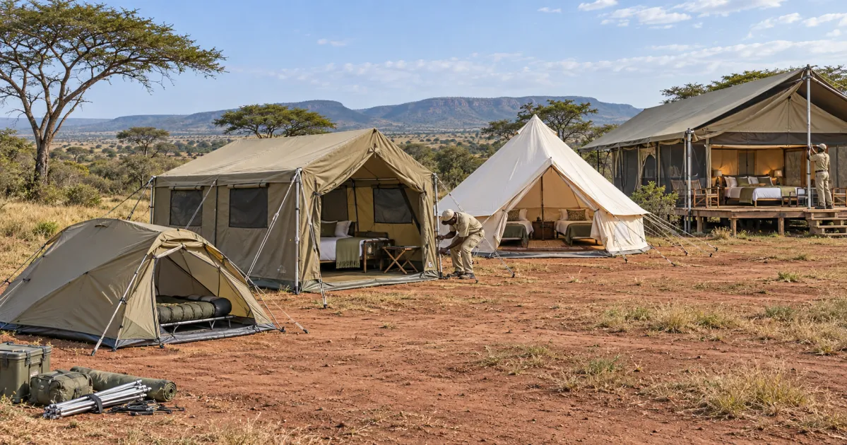 Quatre styles de tentes de safari africain présentés dans une zone d’installation en savane, allant d’une tente légère à double-toit à une suite de luxe surélevée.