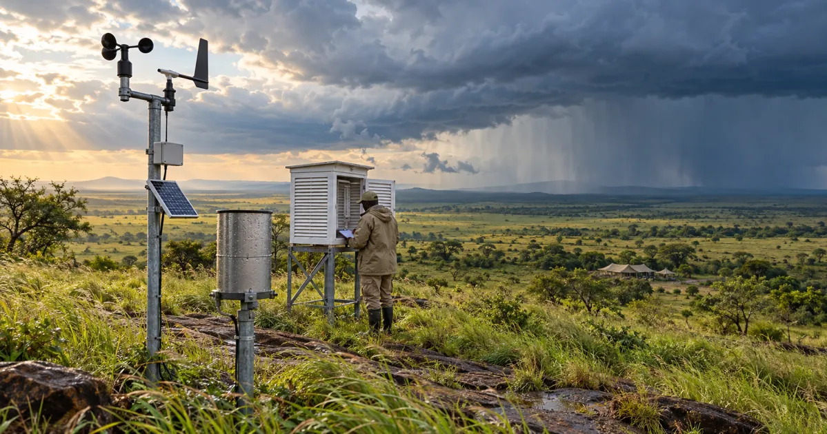 Un observador meteorológico del campamento revisa los instrumentos mientras una tormenta de lluvia de enero se acerca sobre una verde sabana africana.