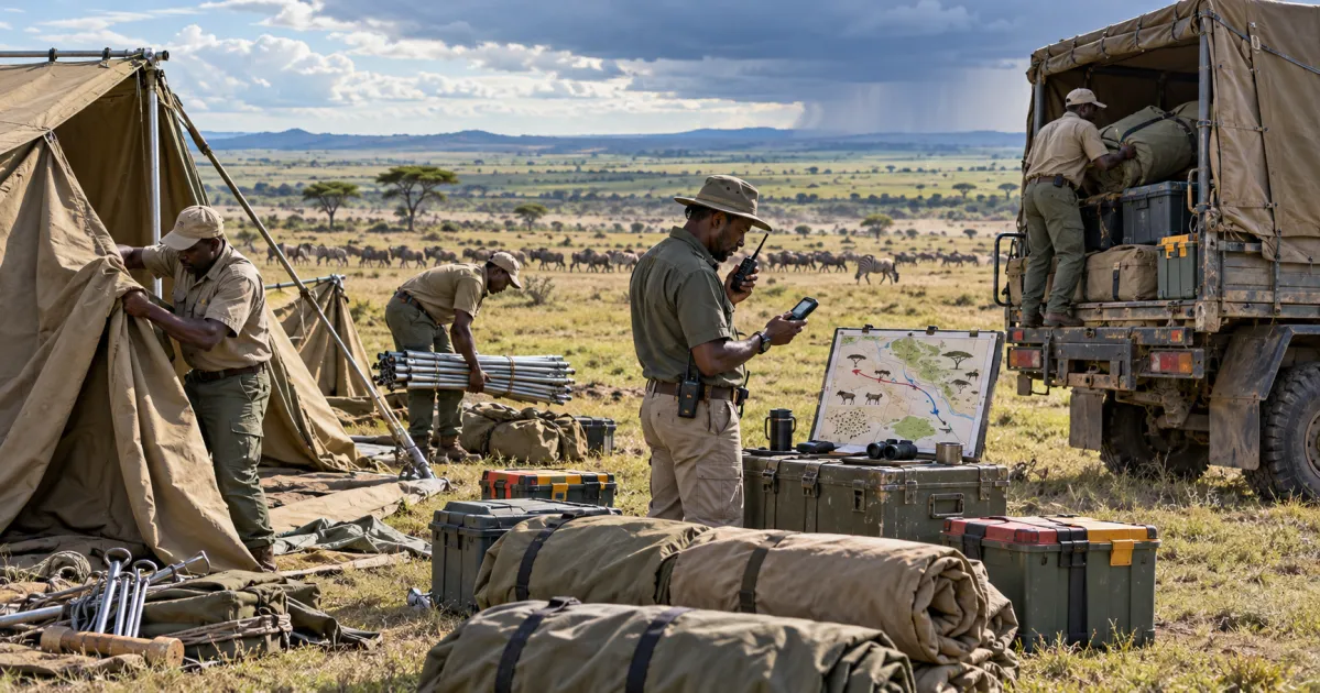 El equipo de un campamento móvil tanzano recoge las tiendas y revisa las actualizaciones de GPS y radio mientras los ñus migratorios cruzan el Serengeti.