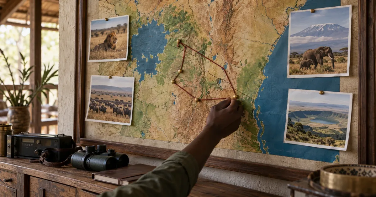 Un planificador de safaris marca con chinchetas una ruta Kenia–Tanzania en un mapa grande, rodeado de fotografías de leones, elefantes, ñus y el cráter del Ngorongoro.
