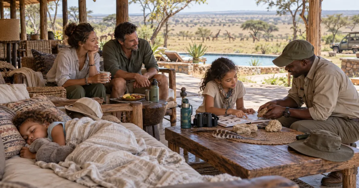 Family relaxes at a safari lodge while a guide teaches an older child about animal tracks and a younger child naps nearby.