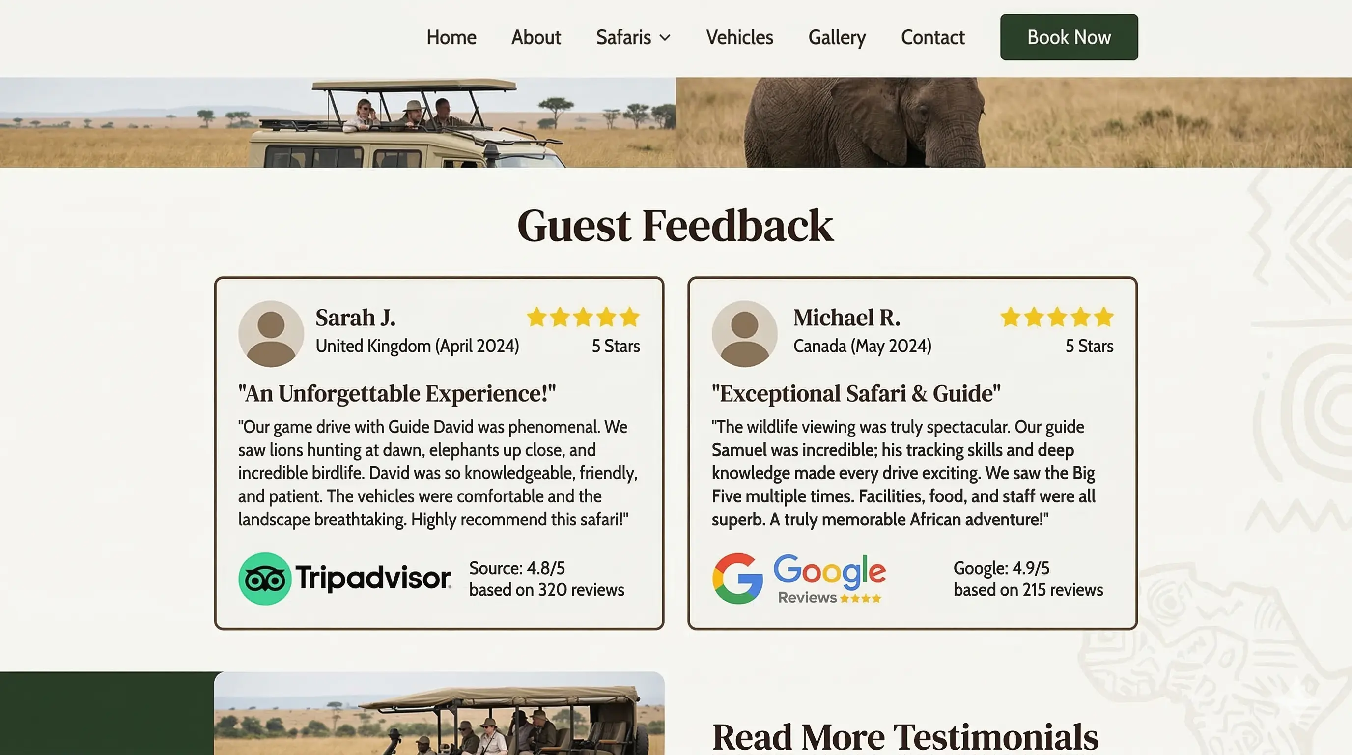 Safari operator website showing review snippets with platform links