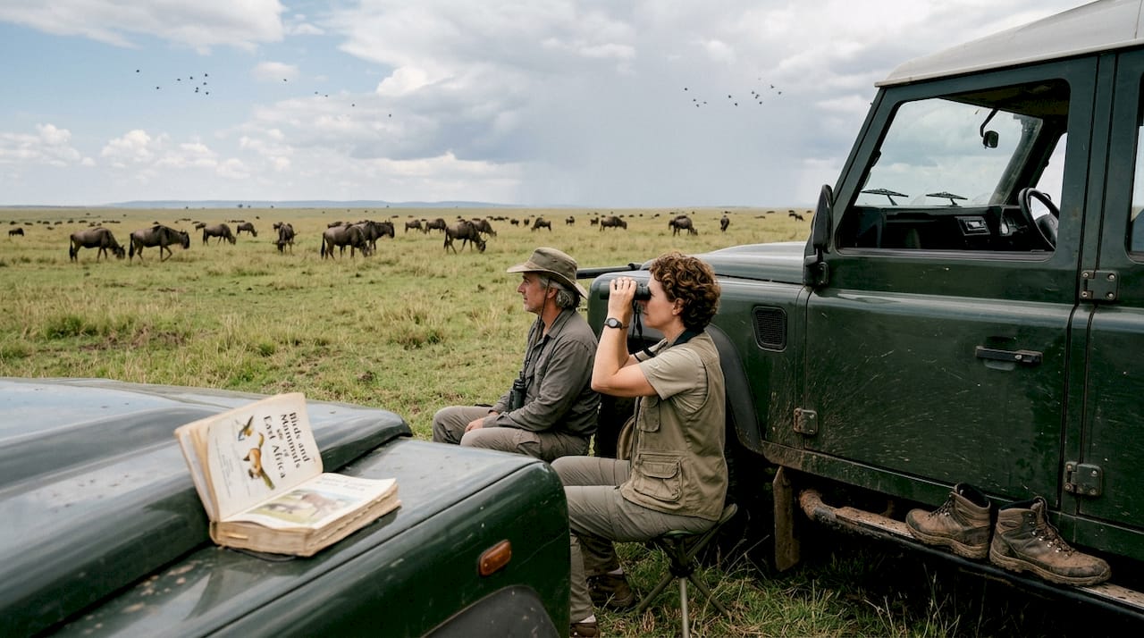 Voyageurs observant la faune dans la savane africaine