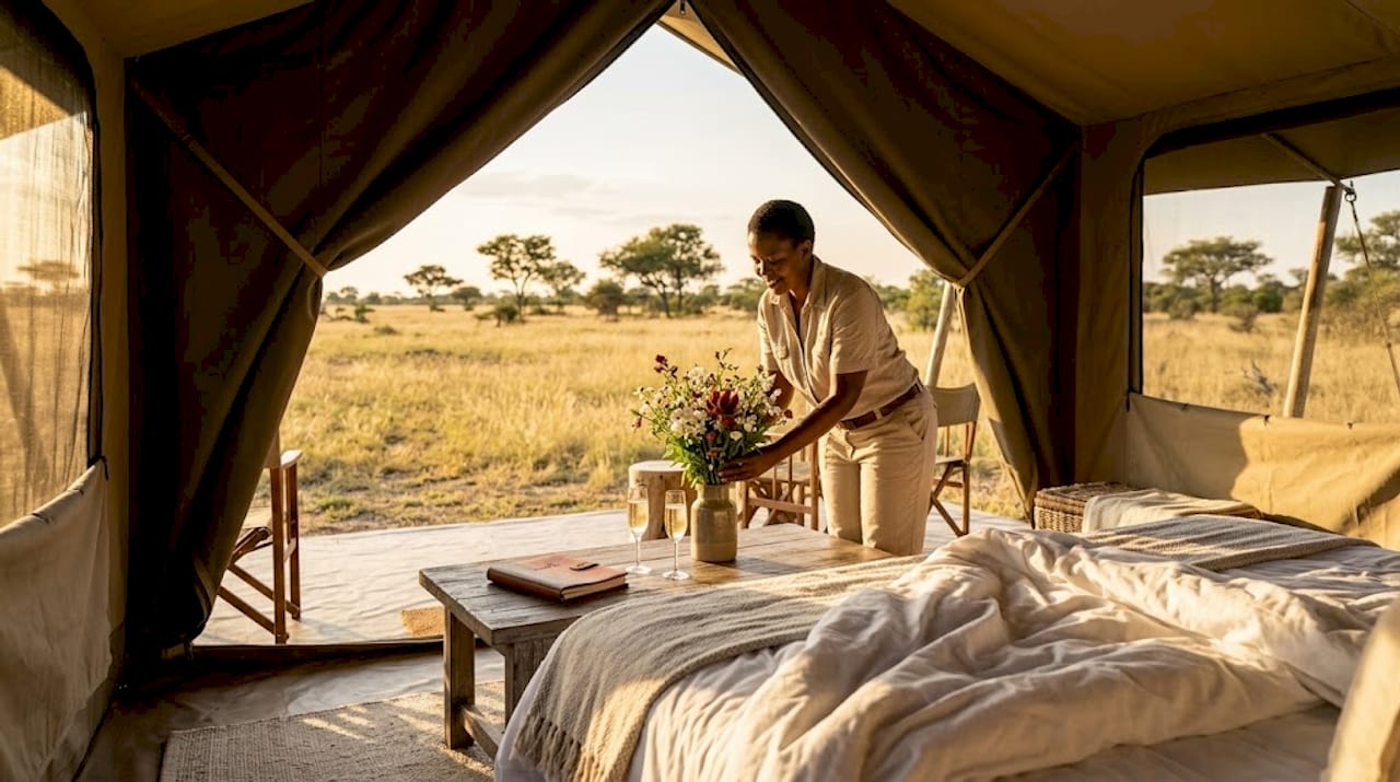 Intérieur d’une tente de safari de luxe et cadre du camp