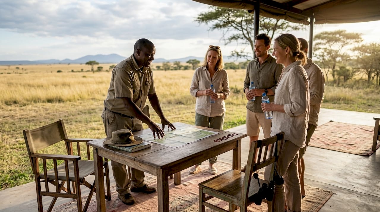 Guide welcoming guests on safari lodge porch