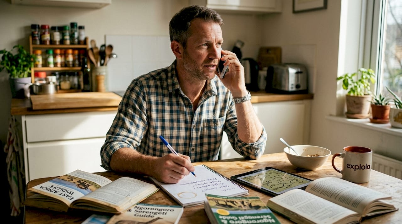 Homme planifiant un safari via un appel de réservation directe