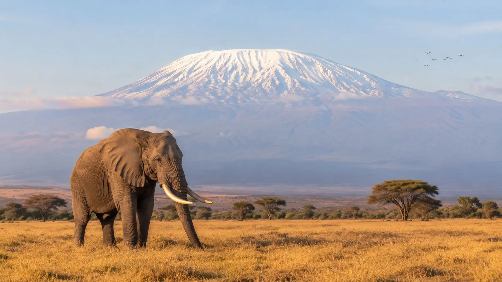 A majestic elephant standing in the golden grasslands of Amboseli with Mount Kilimanjaro in the background.
