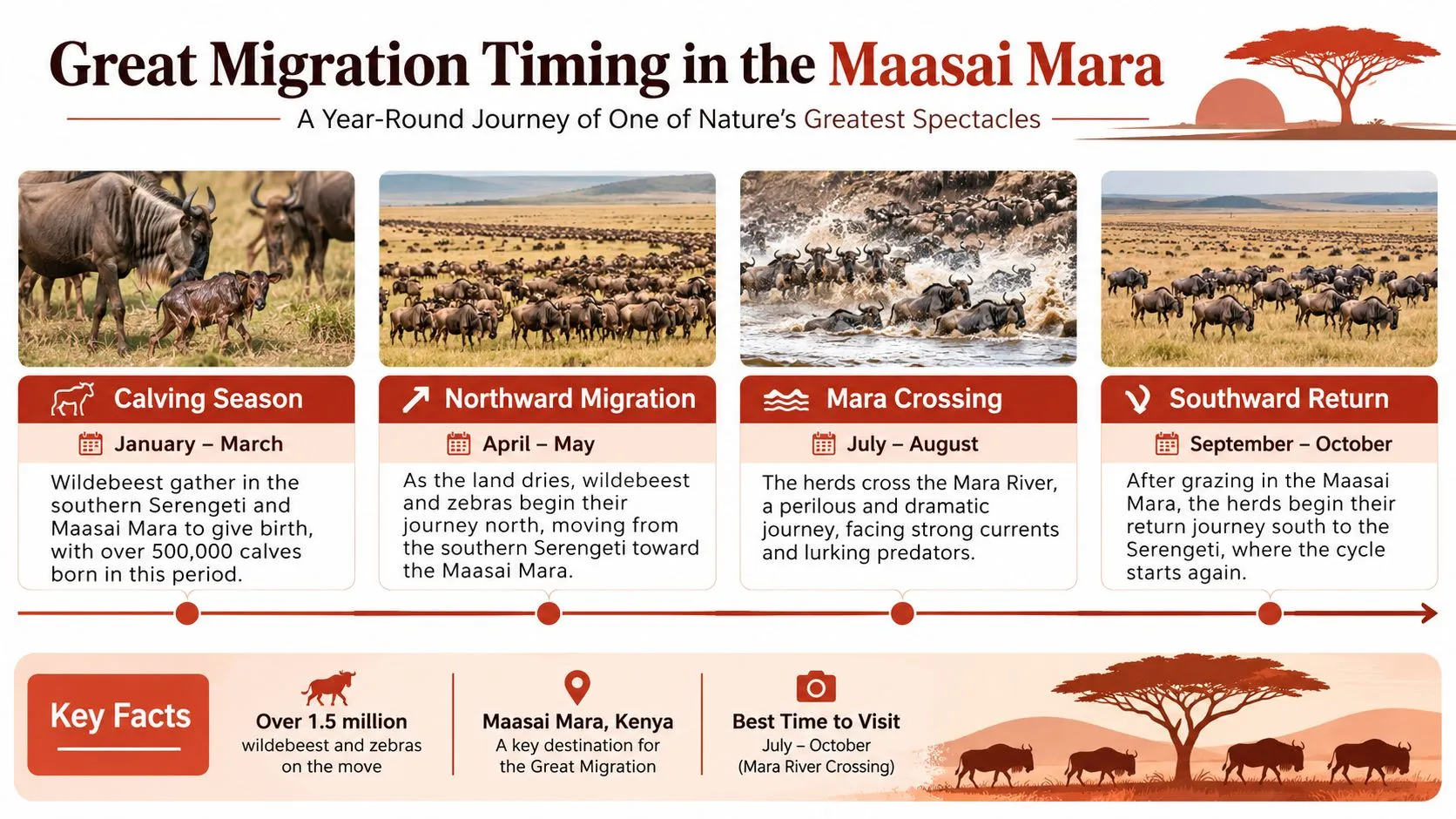 Una infografía que detalla la Gran Migración estacional de ñus y cebras en el Maasia Mara, Kenia.