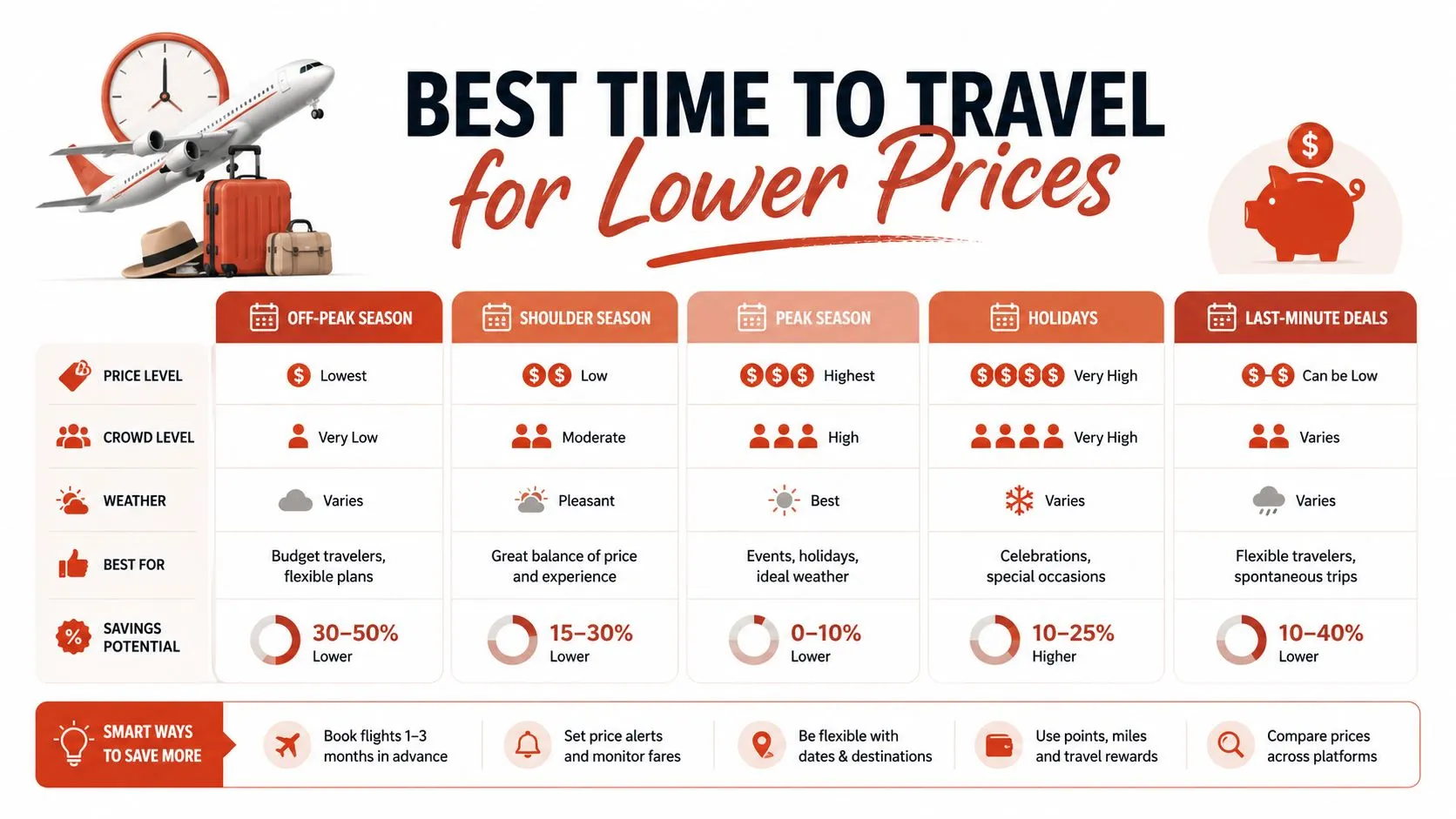 Una infografía que muestra las temporadas de viaje y su impacto en los niveles de precios, el tamaño de las multitudes y el ahorro potencial.
