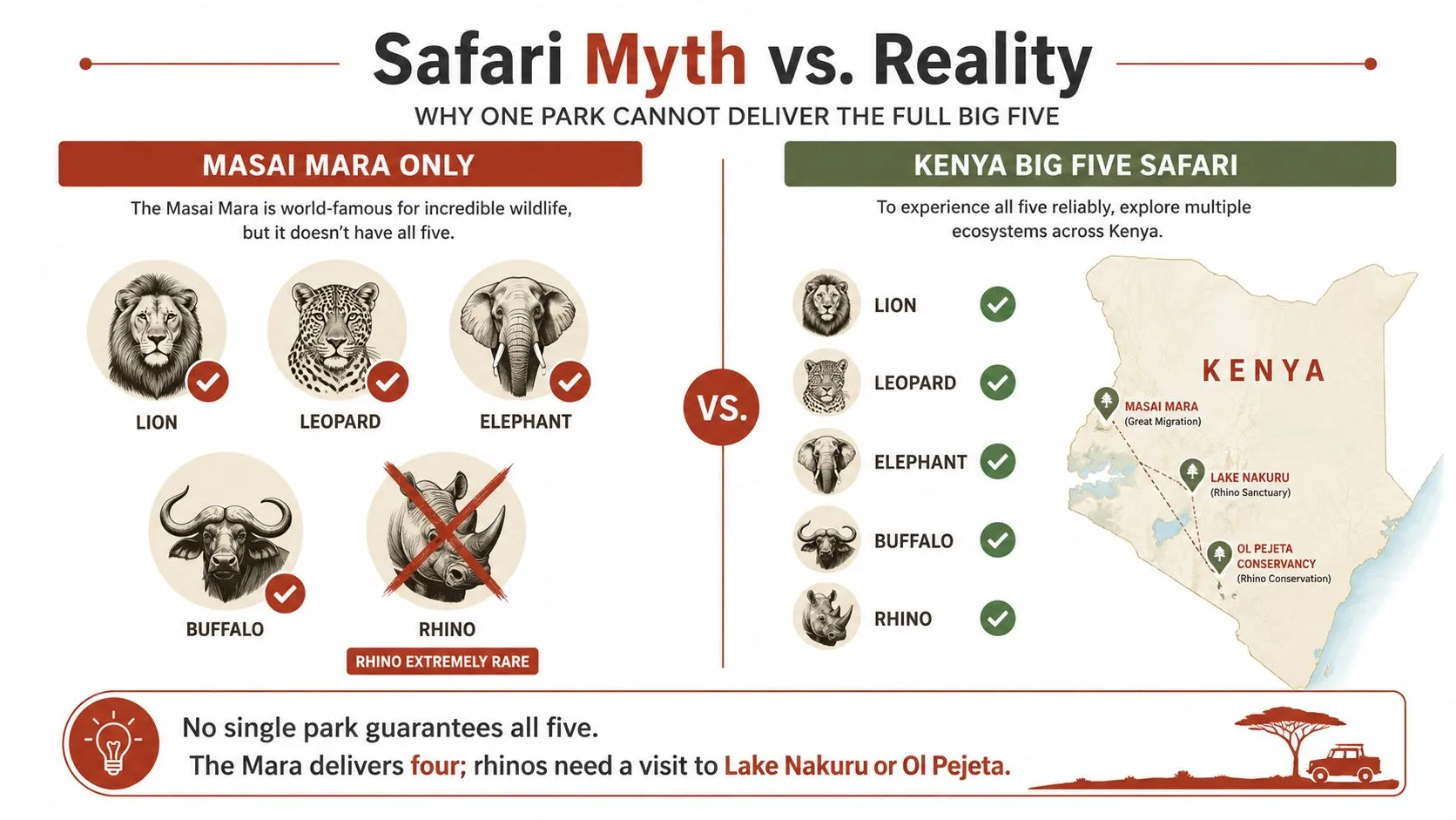 An infographic comparing the Big Five safari animals in Masai Mara versus a multi-location Kenya tour.