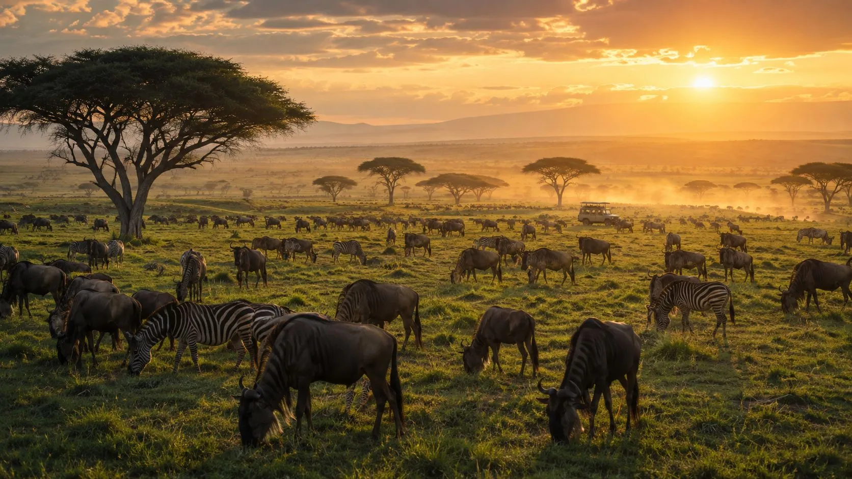 Vue panoramique d’une vaste savane tanzanienne avec un troupeau de gnous et de zèbres au coucher du soleil.