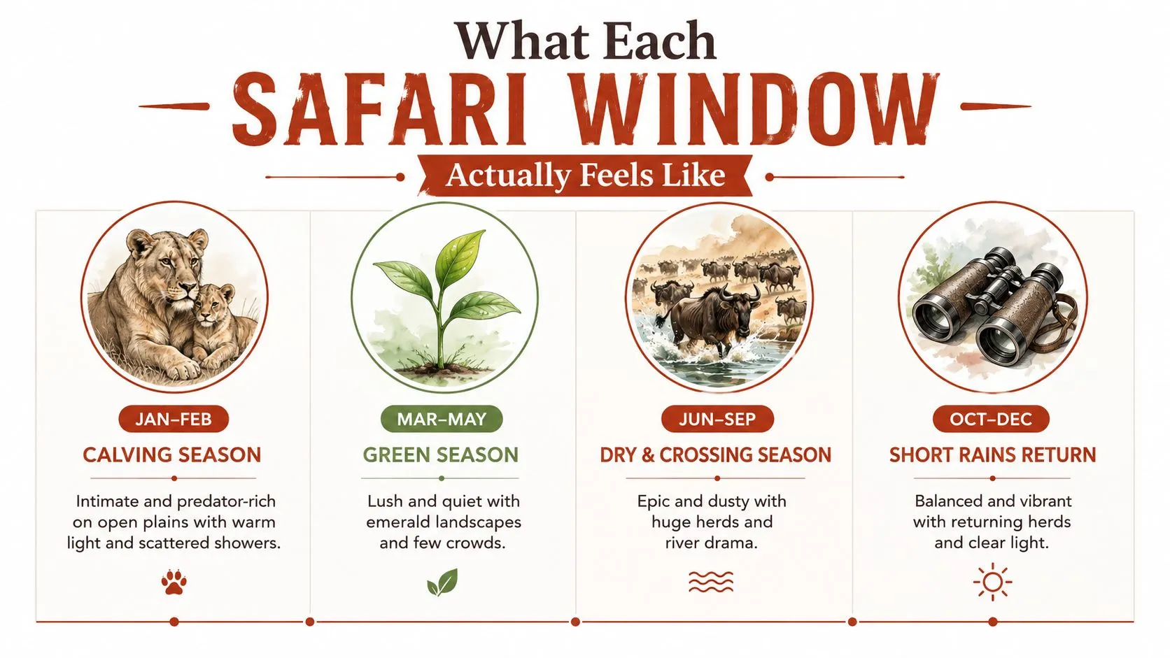 Un guide visuel expliquant les meilleures périodes pour un safari au Serengeti selon les différents mois de l’année.
