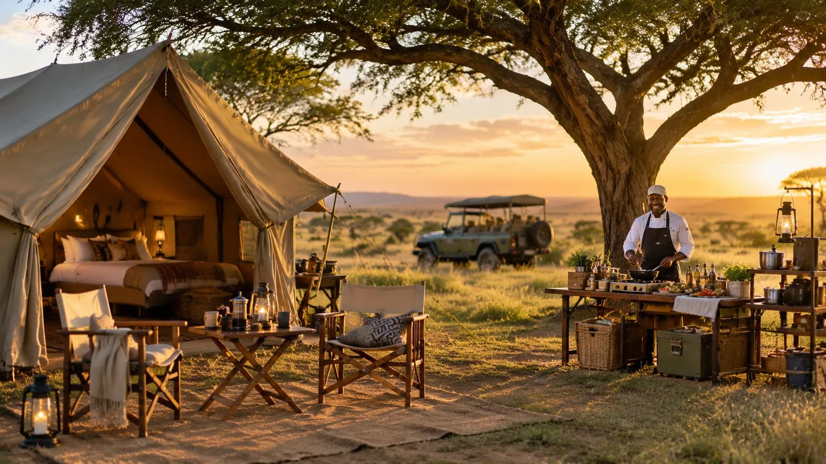 Un chef prepara comida fuera de una tienda de safari de lujo en Tanzania durante una puesta de sol escénica en la hora dorada.
