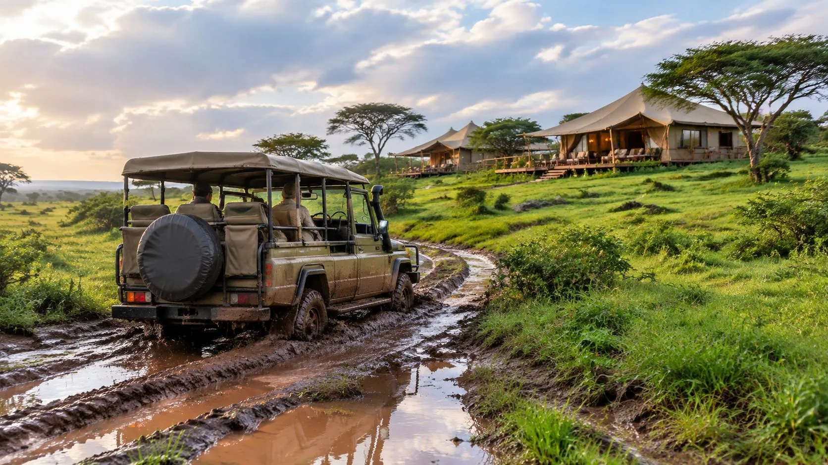 A safari jeep navigating through muddy tracks towards luxury tents during the rain season in Tanzania.