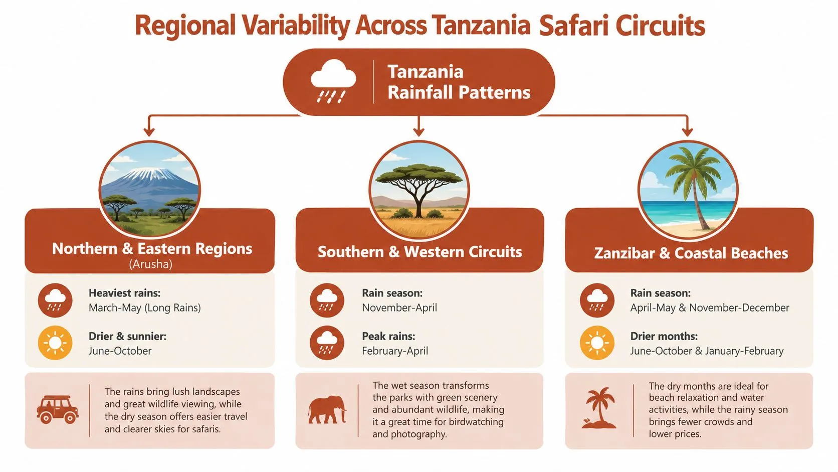 An infographic illustrating rainfall patterns and seasonal variability across three distinct safari regions in Tanzania.