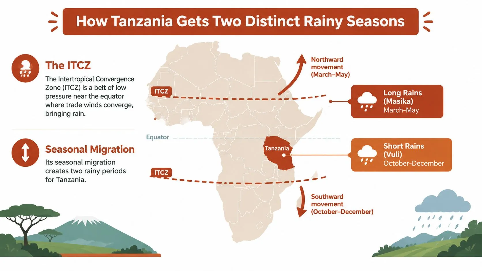 A diagram illustrating how the Intertropical Convergence Zone causes two distinct rainy seasons in Tanzania.