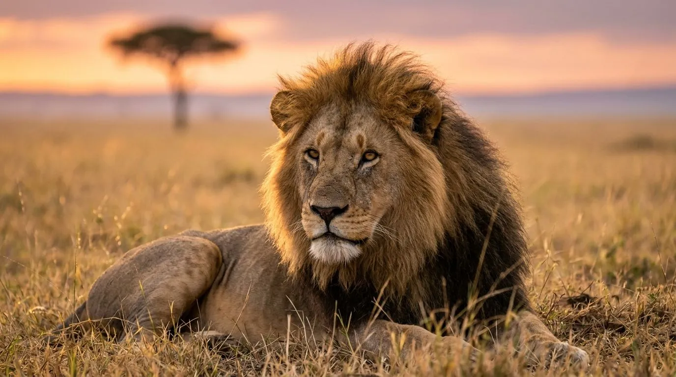 Un majestuoso león macho descansa en la alta hierba dorada durante un hermoso atardecer en Tanzania.