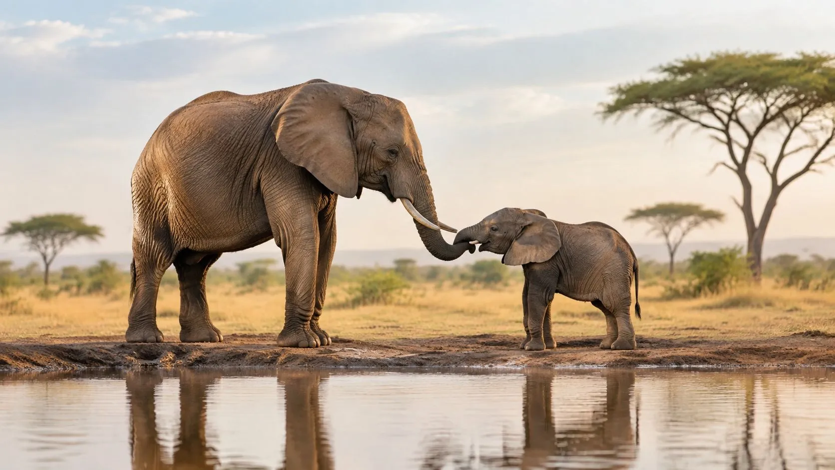 Un elefante africano adulto y su cría tocándose las trompas junto a una charca en el paisaje de sabana.
