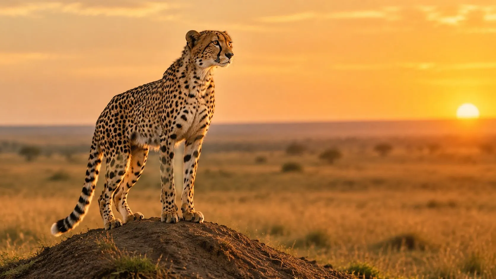 Un majestuoso guepardo de pie, alerta, sobre un montículo durante un amanecer dorado en la sabana africana