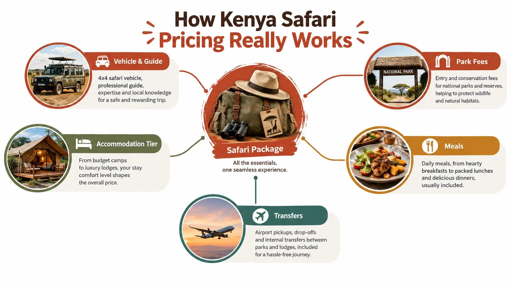 Una infografía que muestra los componentes principales del precio de un safari en Kenia, incluidos vehículo, guía, tasas del parque y alojamiento.