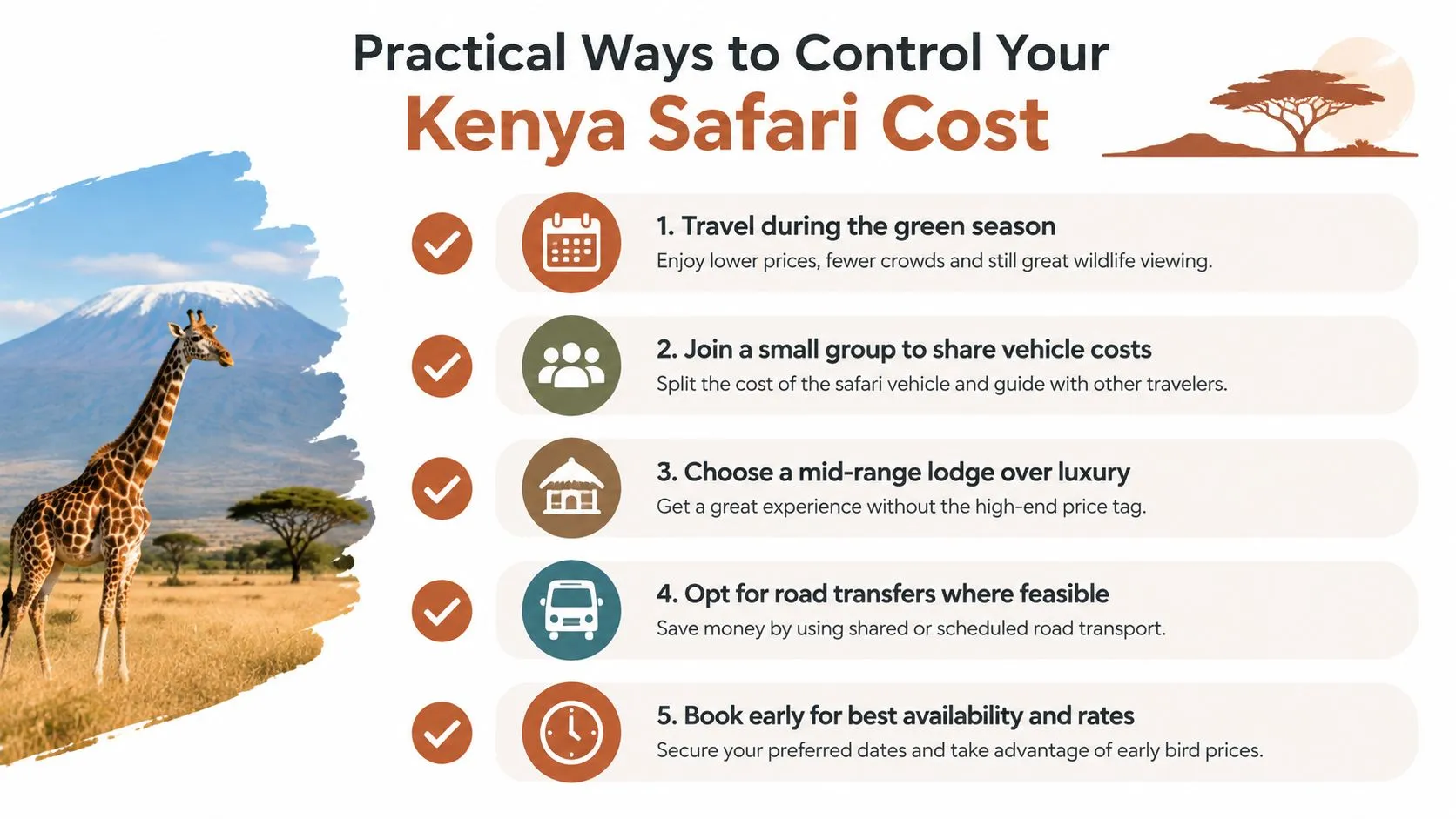 Una infografía titulada Formas prácticas de controlar el coste de tu safari en Kenia con cinco consejos para viajeros con presupuesto.