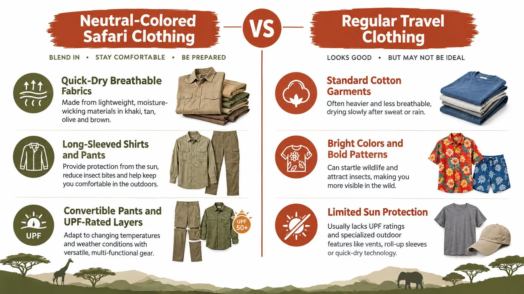 A comparison infographic showing the benefits of neutral-colored safari clothing versus regular travel clothing for outdoor adventures.