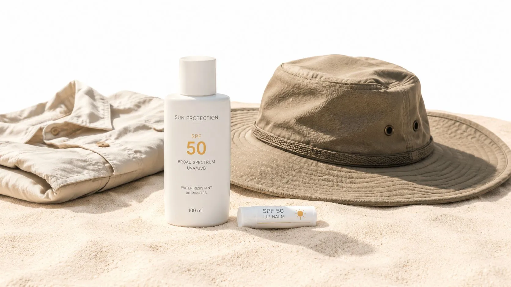 Sunscreen bottle and lip balm with a sun hat on sand for a safari packing list.