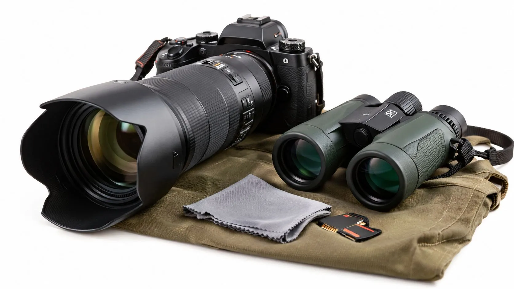 A professional camera, binoculars, a lens cleaning cloth, and a memory card on an olive fabric.