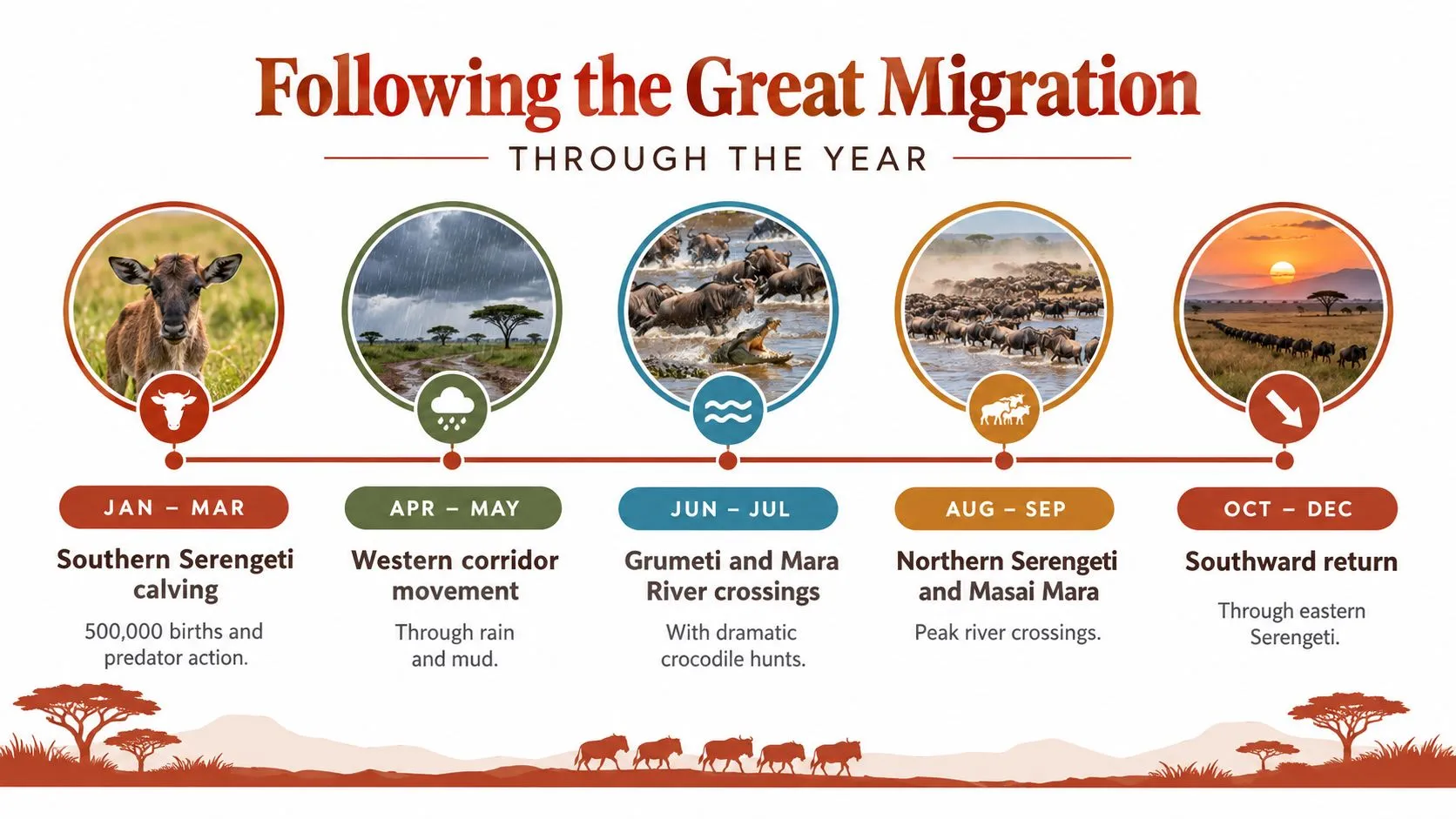 Una infografía que ilustra la cronología anual y las ubicaciones estacionales de la Gran Migración en África oriental.