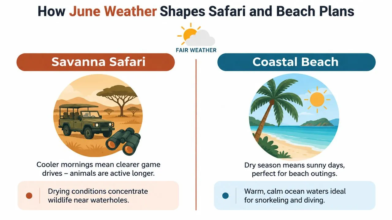 Un schéma illustrant comment la météo de juin affecte l’observation de la faune en safari et les activités de vacances à la plage sur la côte.