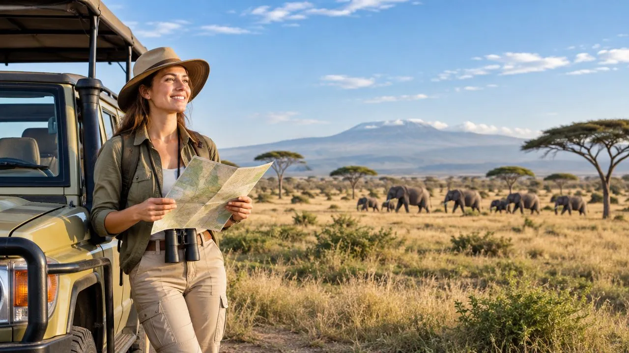Une guide de safari tenant une carte à côté d’un véhicule tout-terrain, avec des éléphants broutant dans la savane.