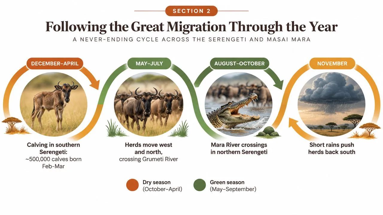 Une infographie montrant le cycle annuel de la Grande Migration des gnous à travers le Serengeti et le Masai Mara.