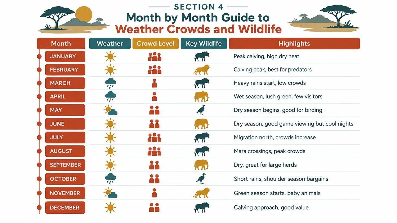 Un tableau détaillant la meilleure période pour un safari en Tanzanie, incluant la météo, le niveau d’affluence et les observations de faune.