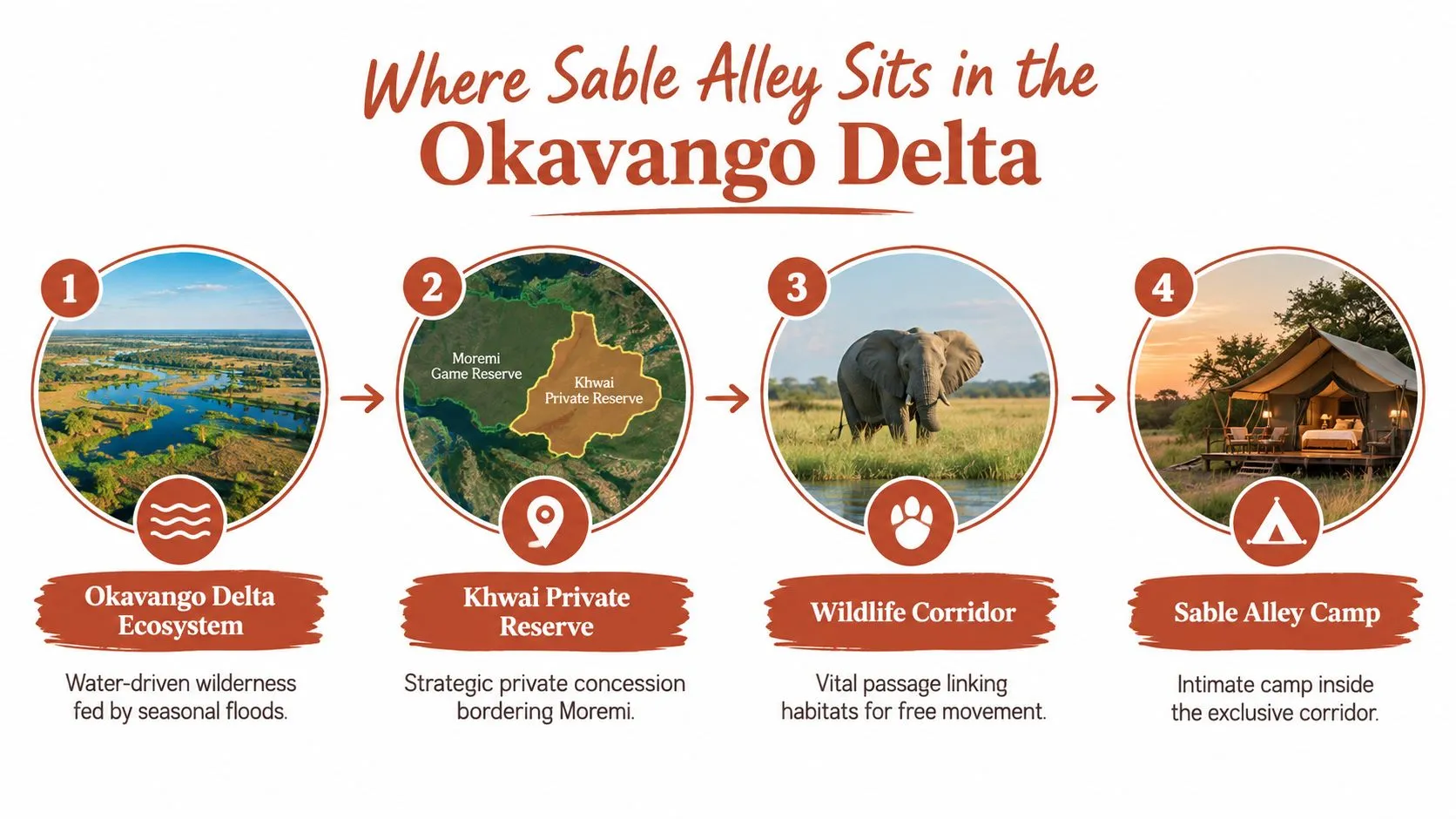An infographic showing the geographic location and setting of Sable Alley Camp within the Okavango Delta, Botswana.