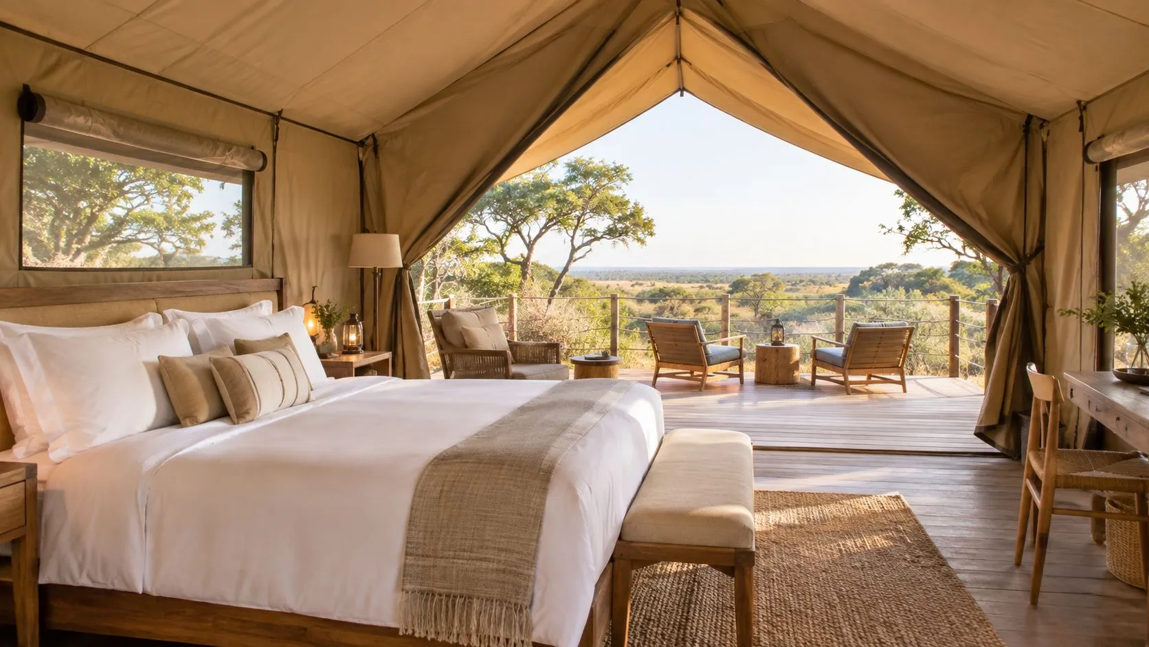 A luxurious safari tent bedroom at Sable Alley Botswana, featuring a view of the savanna from a wooden deck.