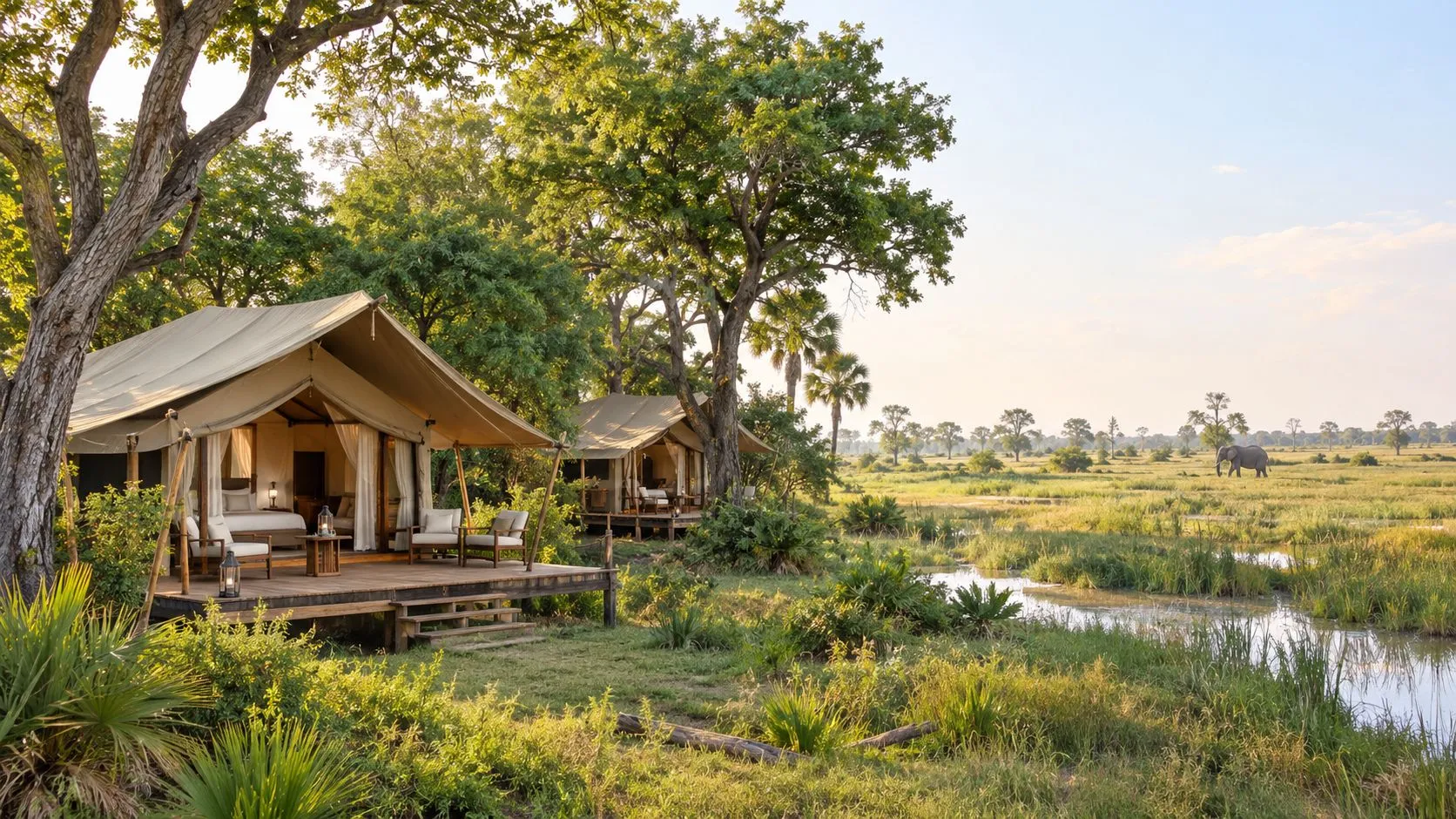 A luxury safari tent lodge overlooking a lush marshland with an elephant walking in the distance.