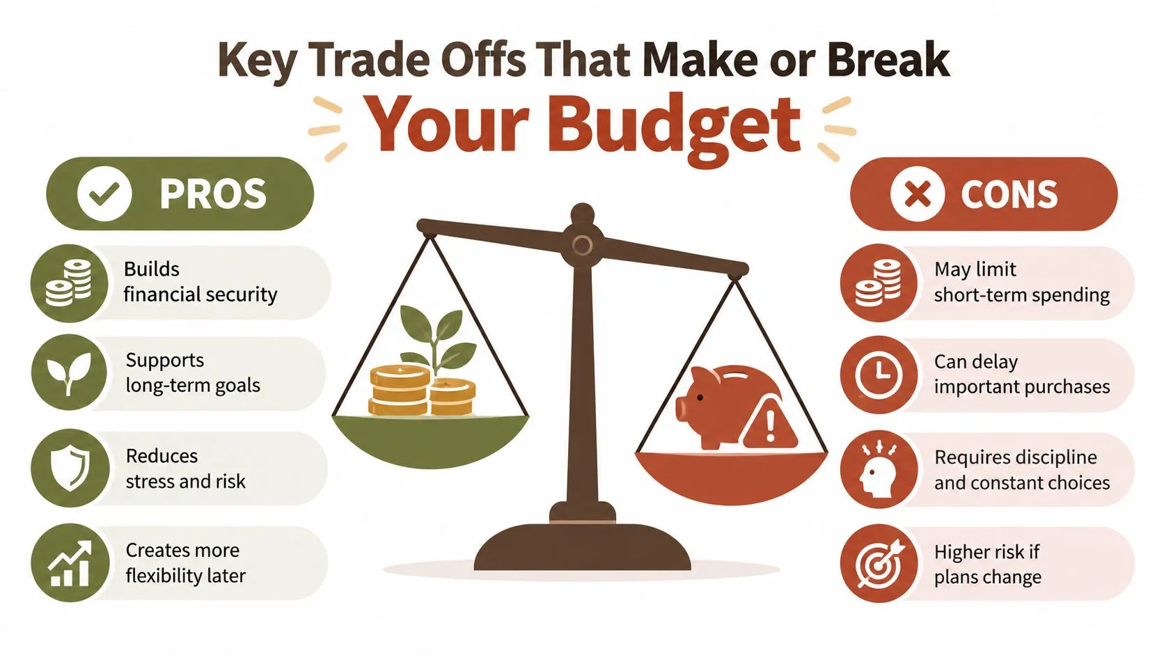 A visual scale comparing the pros and cons of maintaining a structured personal budget for financial planning.