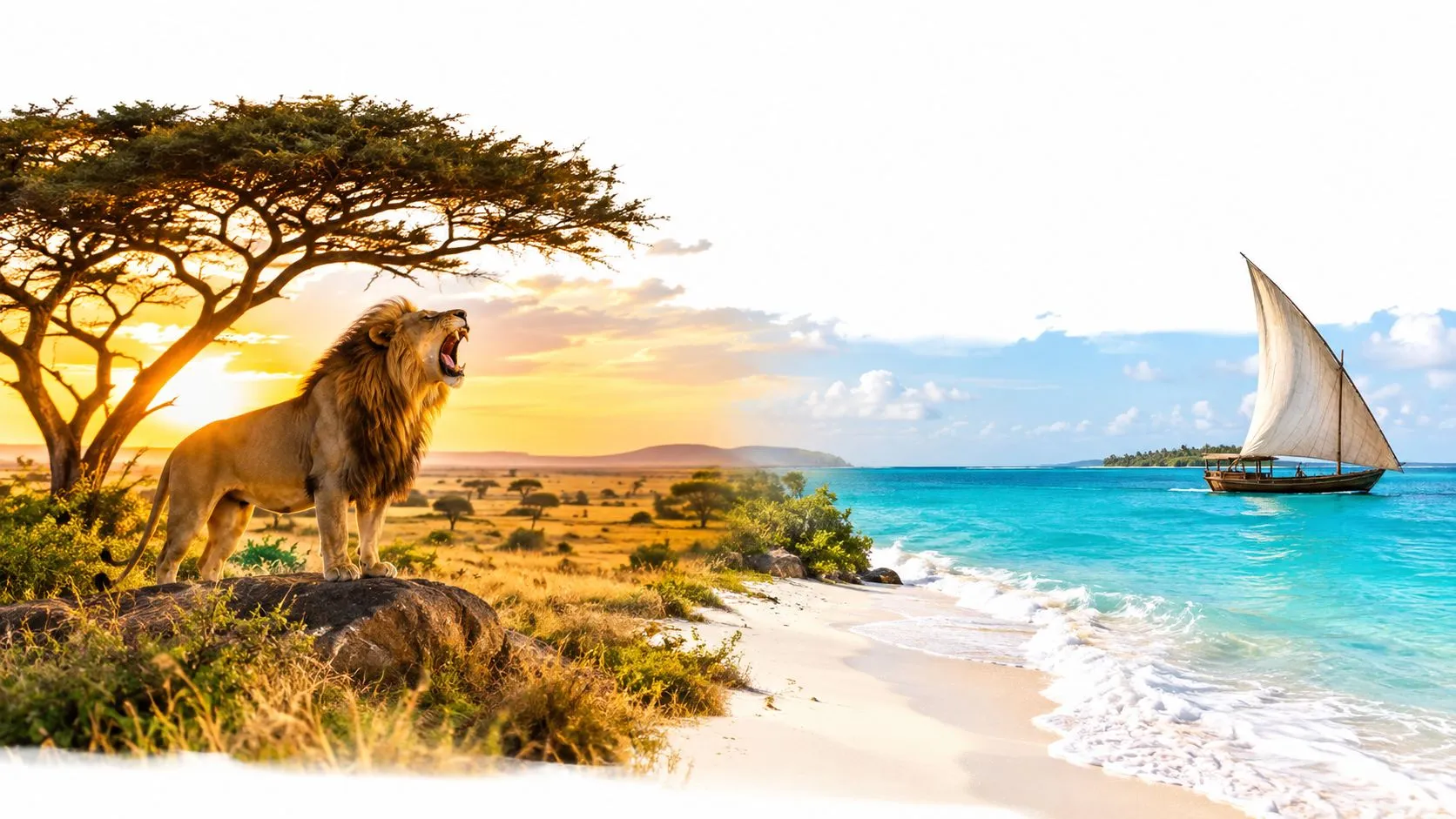 Una composición creativa dividida que muestra un majestuoso león en la sabana africana y una embarcación en la isla de Zanzíbar.