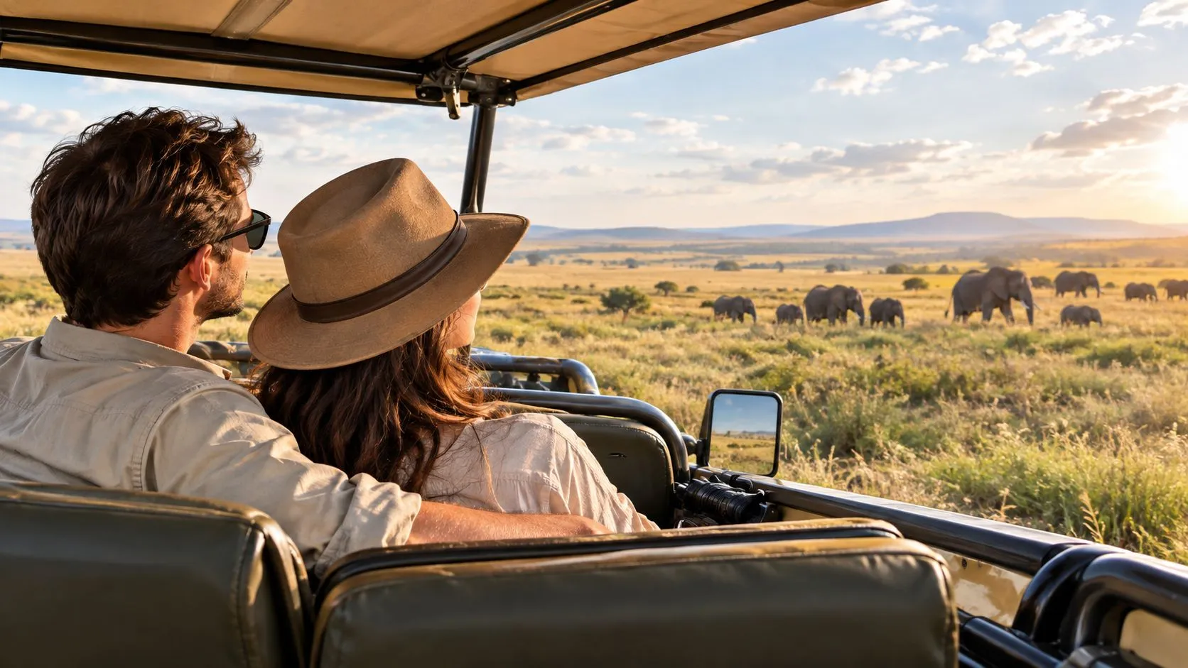 A couple enjoying a scenic safari game drive while watching a herd of elephants in nature