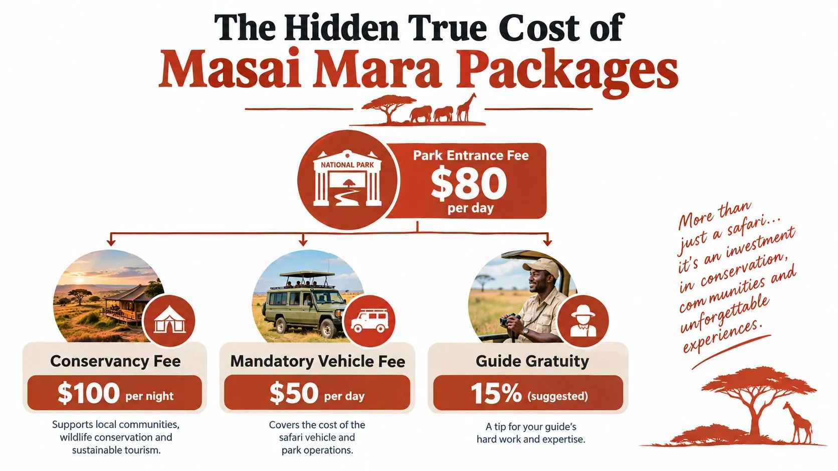 An infographic showing the breakdown of hidden costs for Masai Mara safari packages, including fees and tips.