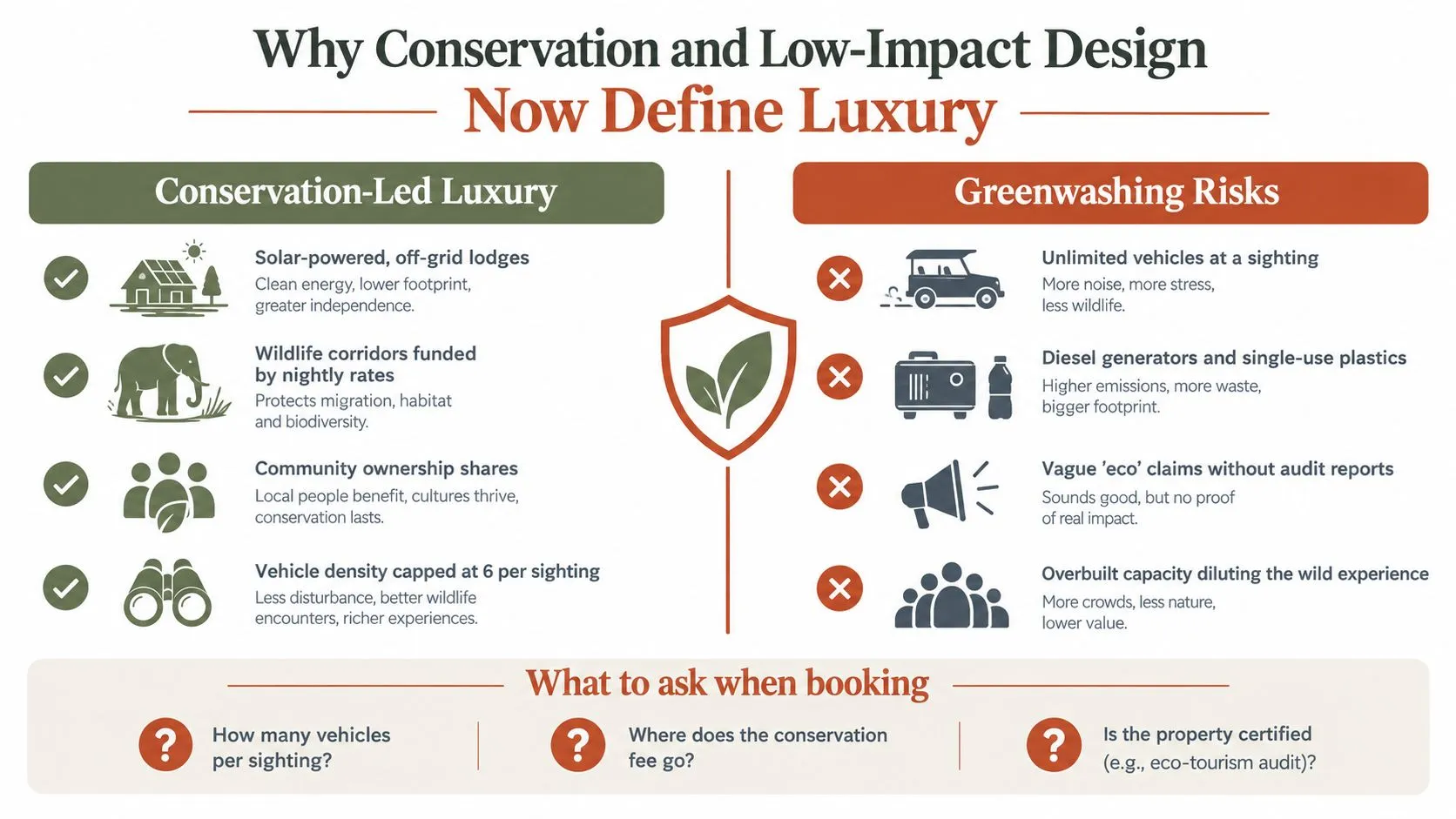 An infographic titled Why Conservation and Low-Impact Design Now Define Luxury, comparing sustainable safari practices against greenwashing.