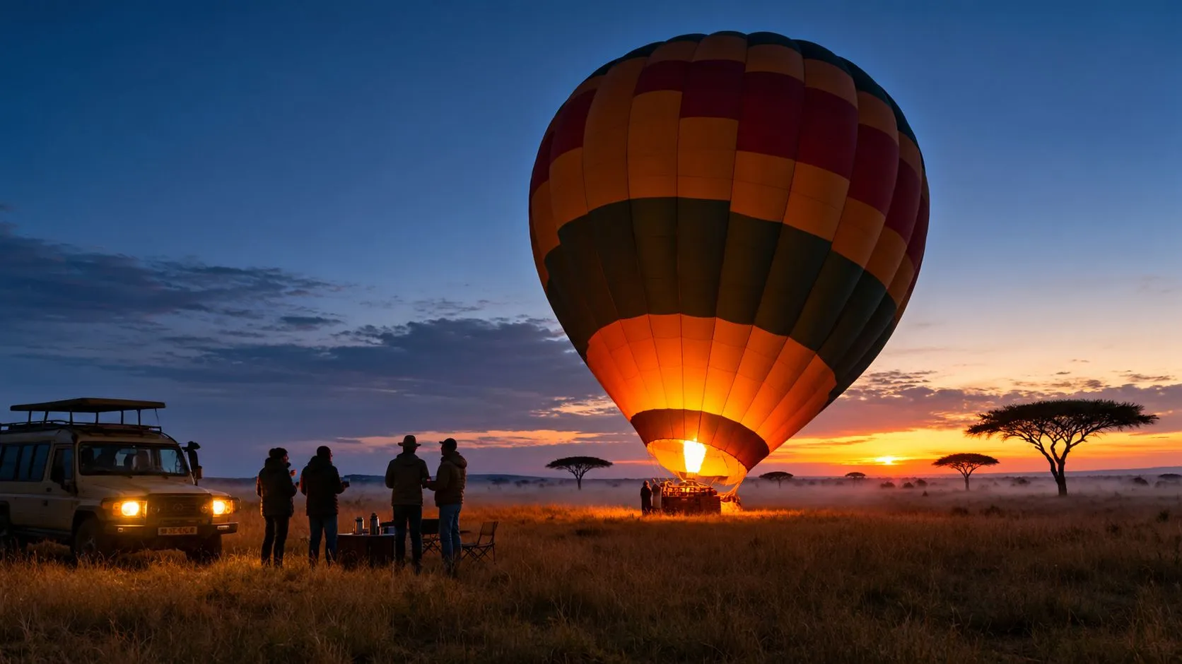 A group of travelers standing by a vehicle in the Masai Mara during a sunrise hot air balloon flight.